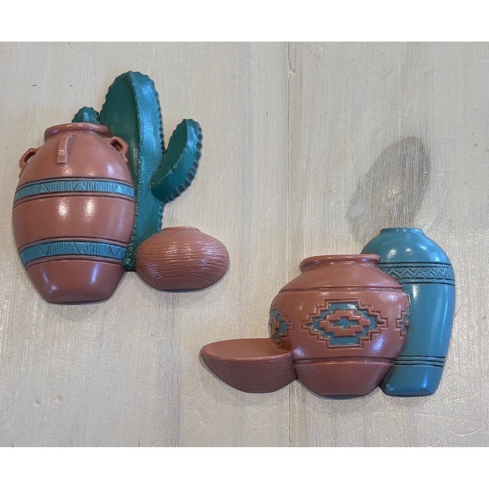 Vintage Burwood 1991 Southwestern Cactus Pottery Wall Hanging Decor Set 3139 USA